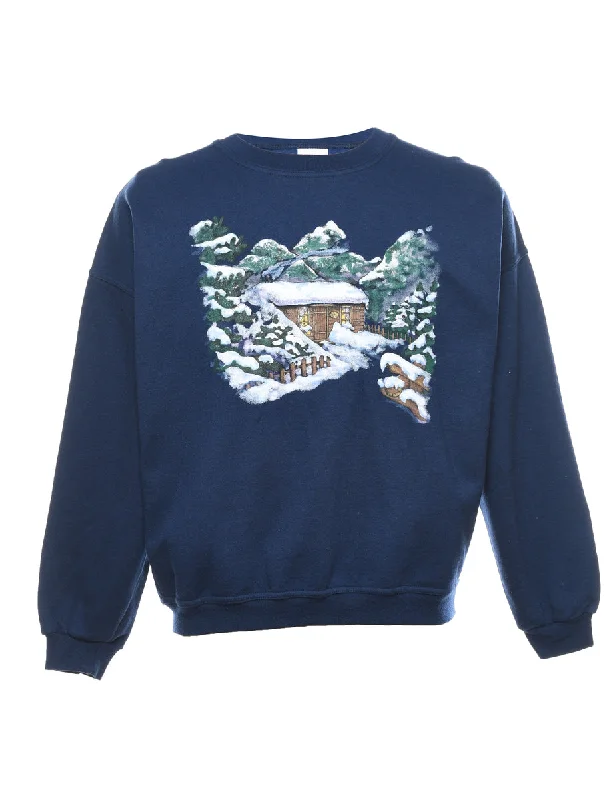 Navy Printed Christmas Sweatshirt - M Hoodie with Color Block Contrast Stylish