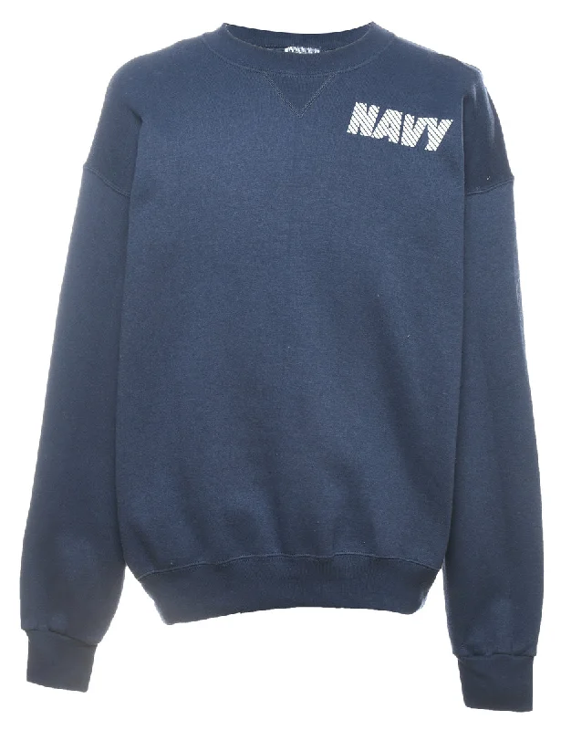 Navy & White Printed Round Neck Sweatshirt - L Hoodie with Logo Branding Identity