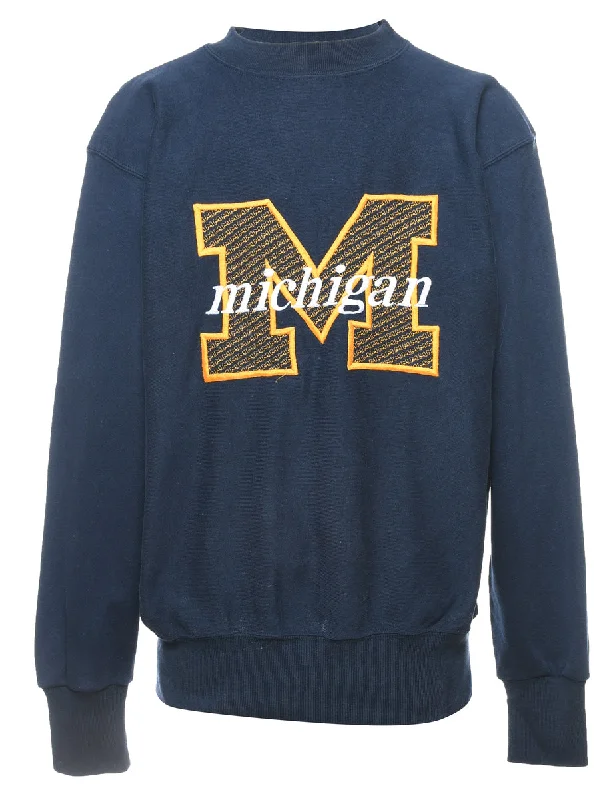 Navy & Yellow Michigan Appliqued & Embroidered Sweatshirt - M Hoodie with Drawstring Waist Adjustable Fitted Navy & Yellow Michigan Appliqued & Embroidered Sweatshirt - M Hoodie with Drawstring Waist Adjustable Fitted