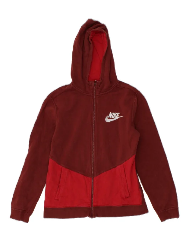 NIKE Boys Graphic Zip Hoodie Sweater 13-14 Years XL Burgundy Colourblock