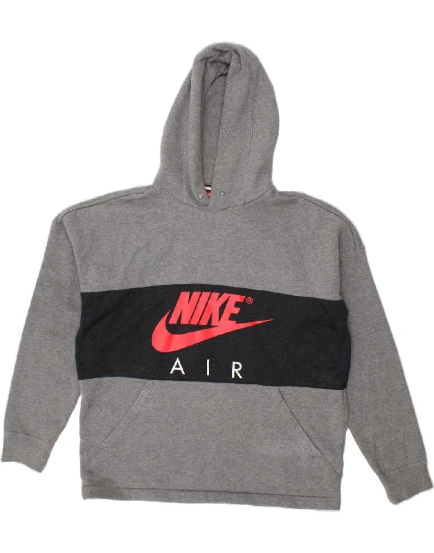 NIKE Mens Graphic Hoodie Jumper Large Grey Colourblock Cotton