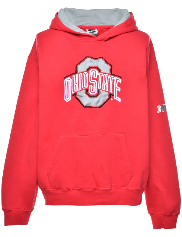Ohio State Football Printed Patchwork Hoodie - L Hoodie with Raw Hem Edgy Unfinished Ohio State Football Printed Patchwork Hoodie - L Hoodie with Raw Hem Edgy Unfinished