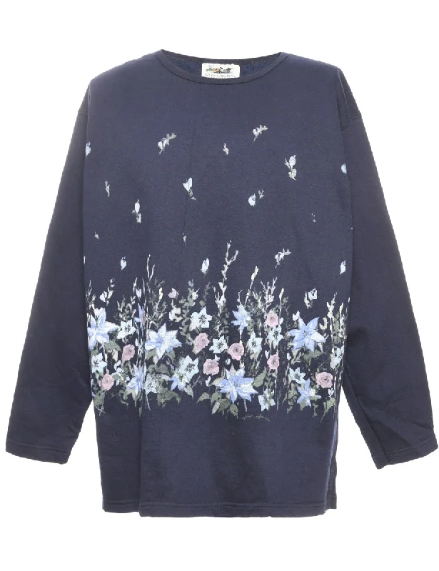 Printed Navy Floral Sweatshirt - M Hoodie with Camouflage Military Edgy