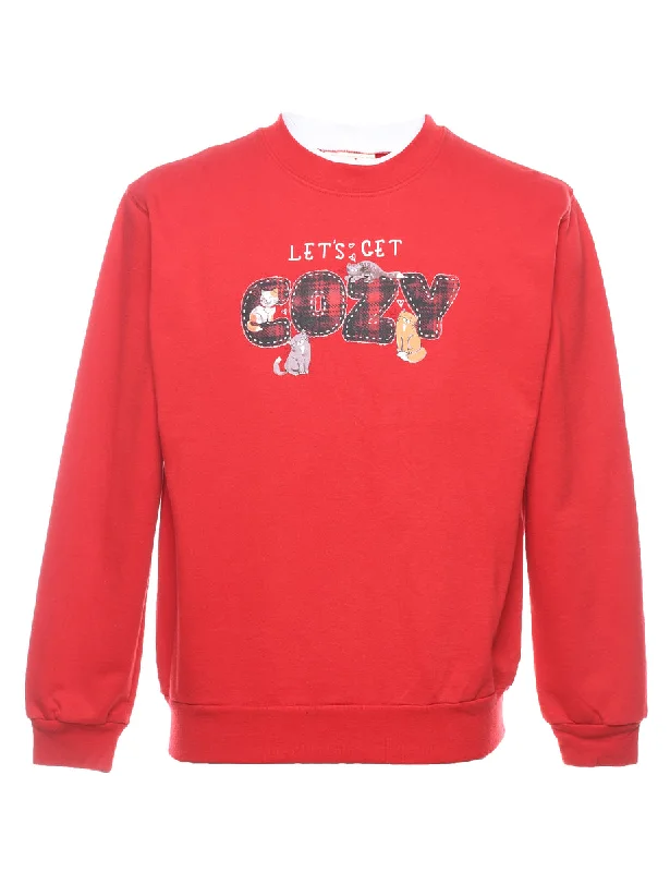 Red Cat Design Printed Sweatshirt - M Hoodie with Distressed Vintage Worn
