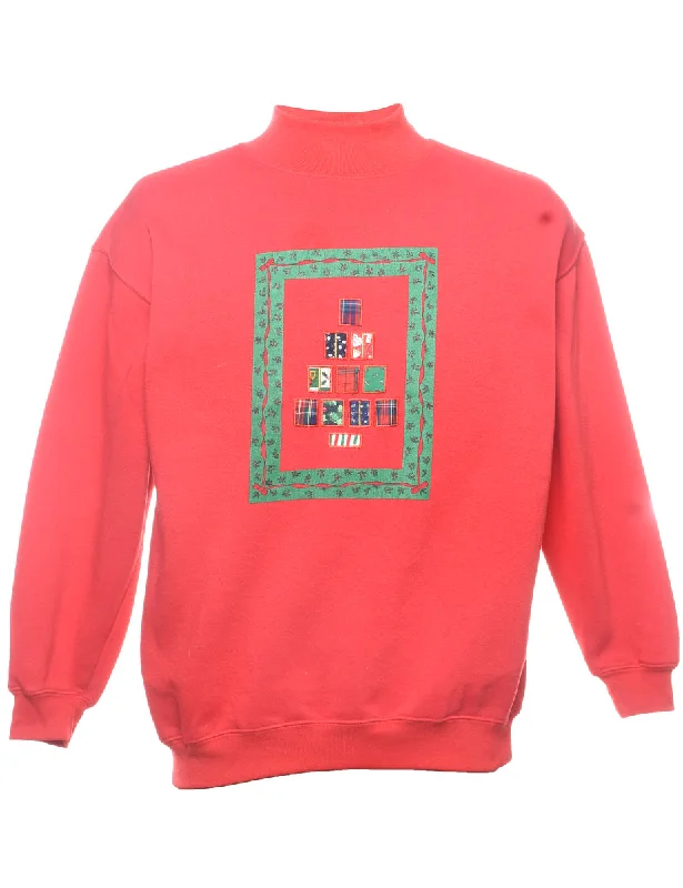 Red & Green Embroidered Sweatshirt - S Hoodie with Side Slits Relaxed Casual