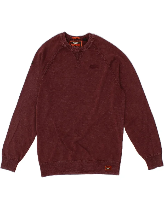 SUPERDRY Mens Sweatshirt Jumper Large Burgundy Cotton Hoodie with Slit Hem Functional Movement