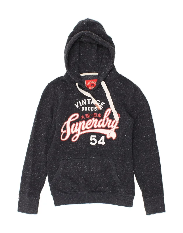 SUPERDRY Womens Graphic Hoodie Jumper UK 14 Medium Grey Flecked Cotton Hoodie Dress Longline Feminine