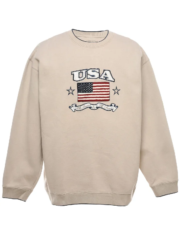 USA Beige Printed Sweatshirt - M Hoodie with Lace Feminine Delicate