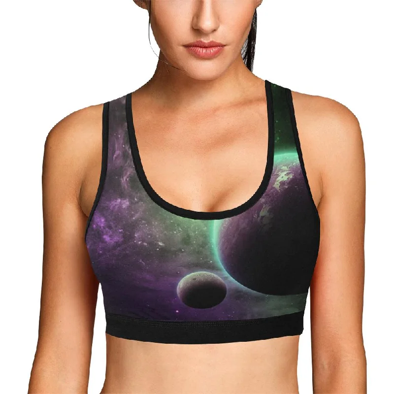 Green Galaxy Space Moon Earth Print Women Sports Bra