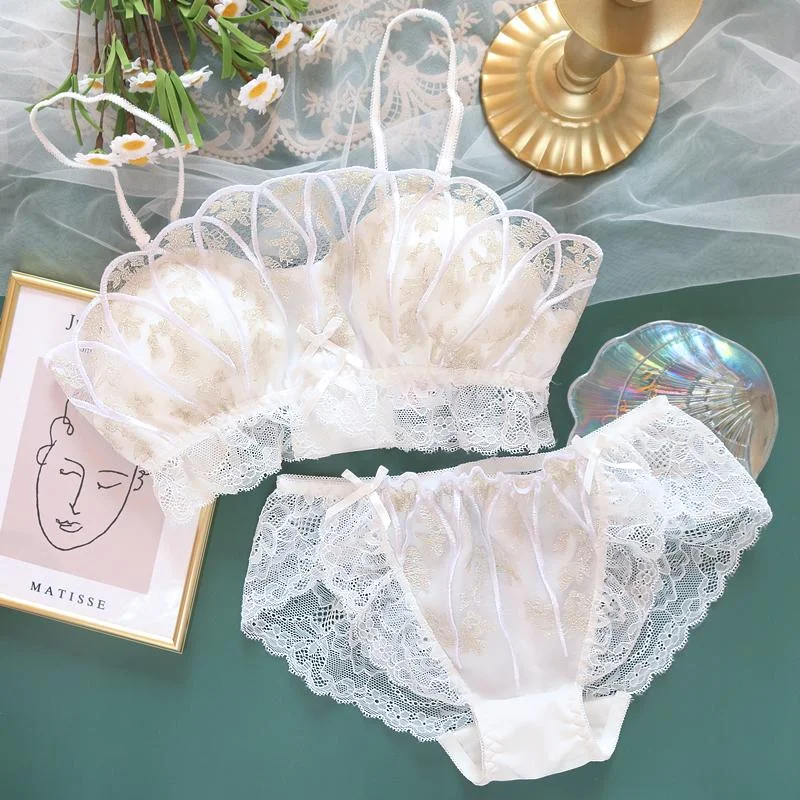 Japanese vintage princess lace embroidery sweet bra set