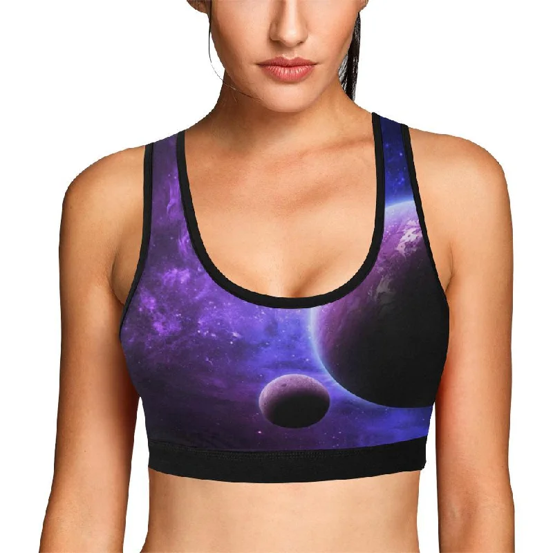 Purple Galaxy Space Moon Earth Print Women Sports Bra