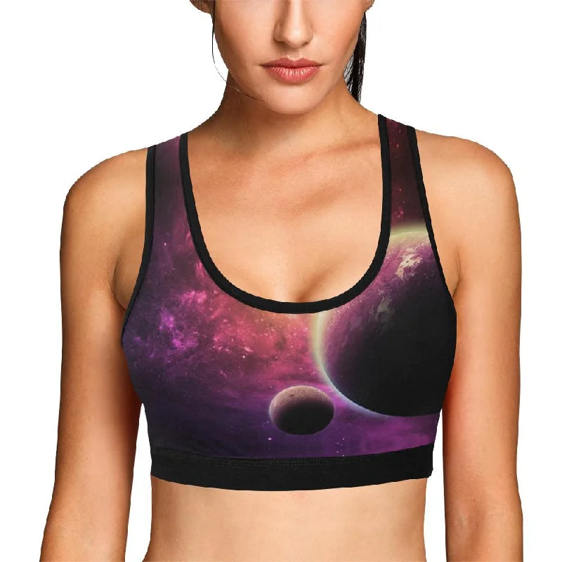 Red Galaxy Space Moon Earth Print Women Sports Bra