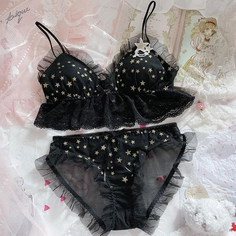 Star Lace Ruffle Triangle Cup Bra Set