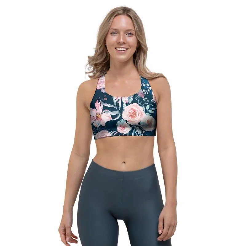 Watercolor Pink Rose Floral Sports Bra Full Support Bra