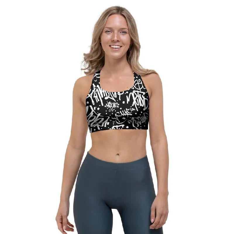 White And Black Graffiti Doodle Text Print Sports Bra Elegant Satin Bralette
