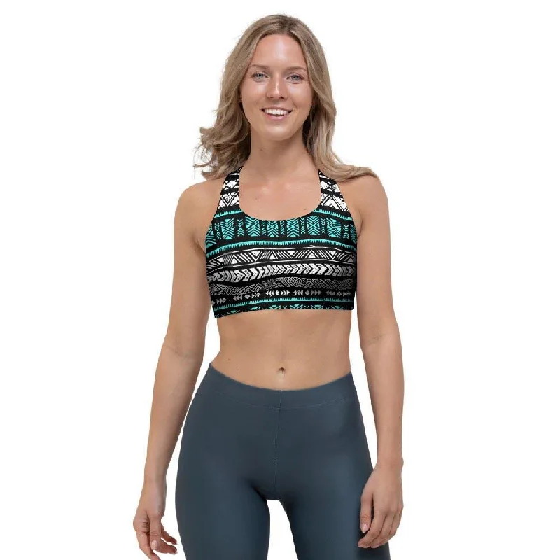 White and Turquoise Tribal Navajo Hand Drawn Sports Bra Smooth Push-Up Bra