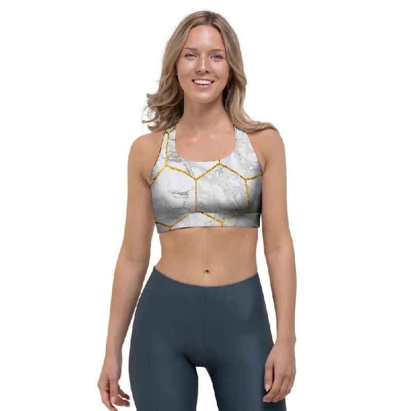 White Gold Tile Marble Sports Bra Minimalist Wireless Bra