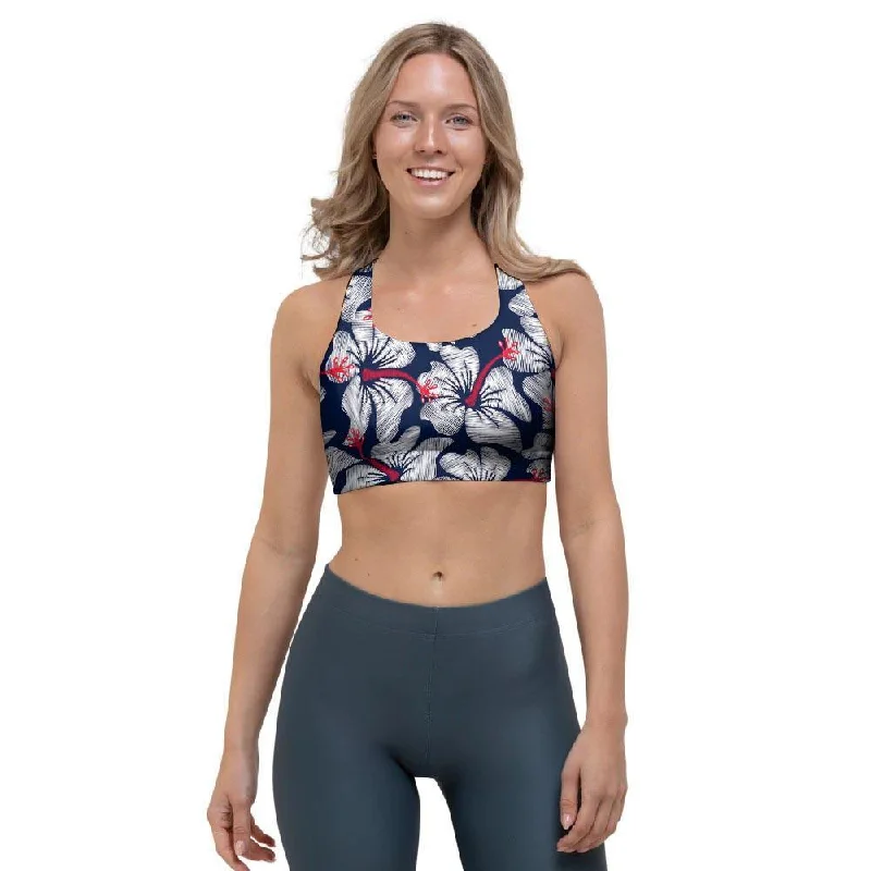 White Hibiscus Tropical Floral Hawaiian Print Sports Bra Push-Up Wireless Bra