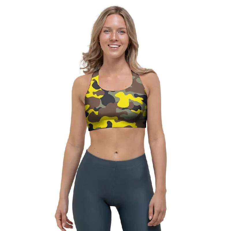 Woodland And Yellow Camo Print Sports Bra Stylish Strapless Bra