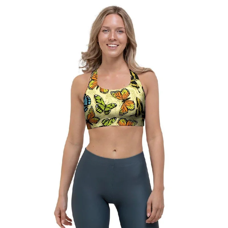 Yellow Butterfly Pattern Print Sports Bra Comfortable Lounge Bra