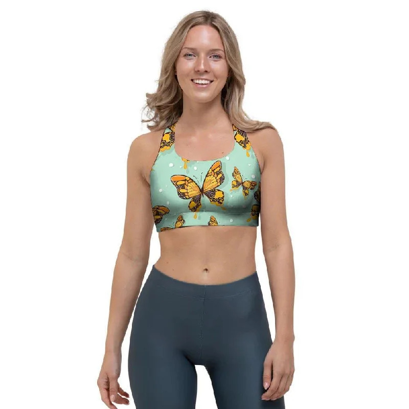 Yellow Butterfly Print Sports Bra Chic Satin Bra