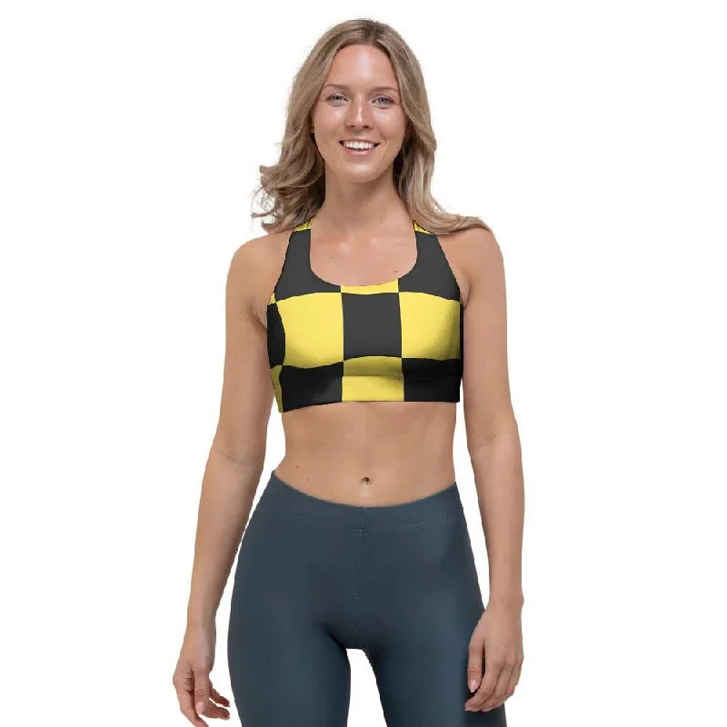 Yellow Checkered Print Sports Bra Lace-Trimmed Bra