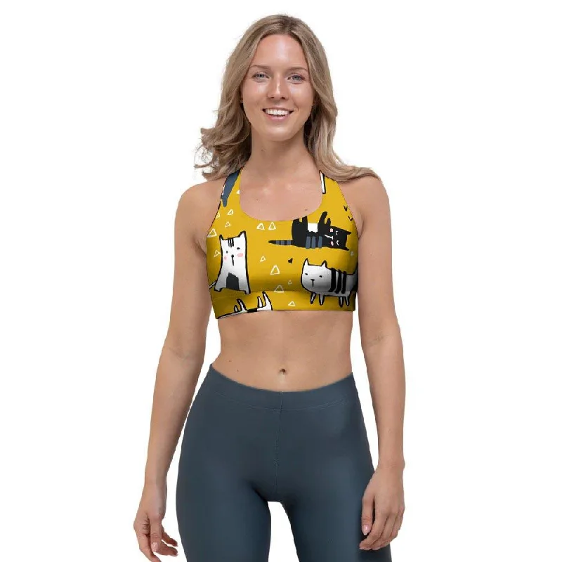 Yellow Doodle Cat Print Sports Bra Supportive Cotton Bra