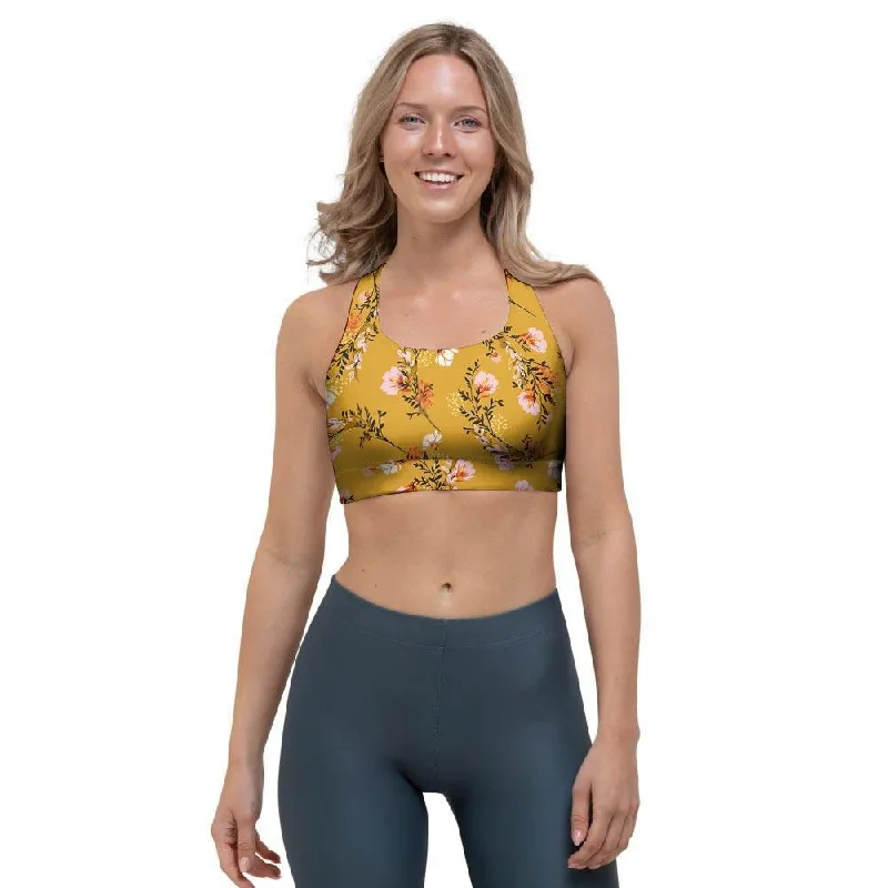 Yellow Floral Retro Print Sports Bra Stretchy Full Coverage