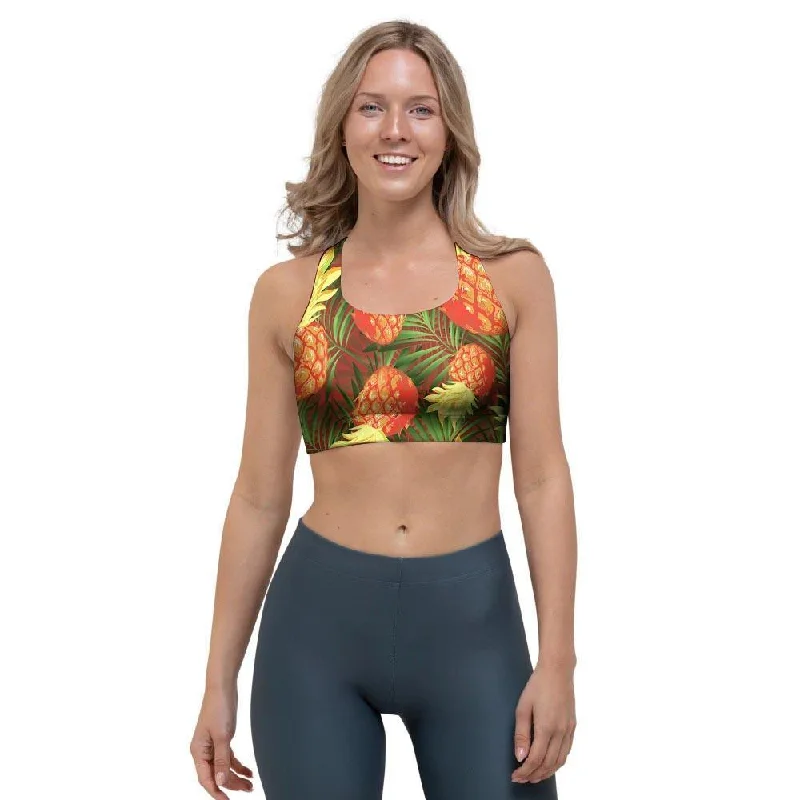 Yellow Neon Pineapple Hawaiian Print Sports Bra Soft Mesh Bra
