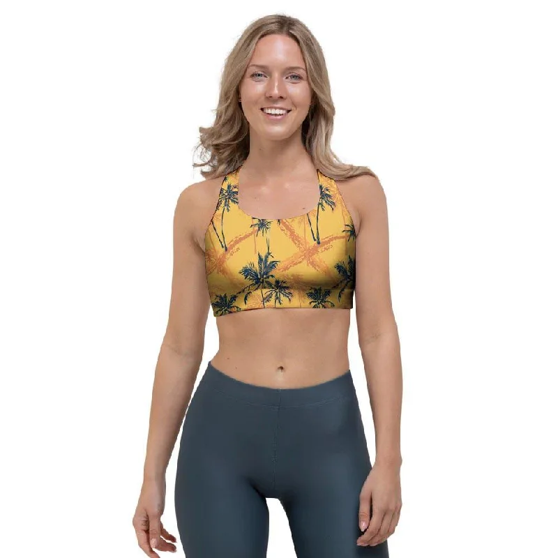 Yellow Palm Tree Hawaiian Print Sports Bra Light Padded Bra