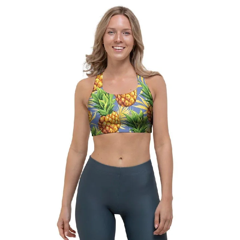 Yellow Pineapple Hawaiian Print Sports Bra Sporty Compression Bra