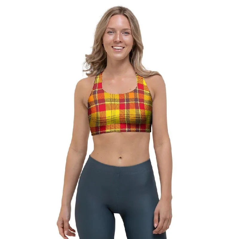 Yellow Plaid Tartan Sports Bra Supportive Wireless Bra