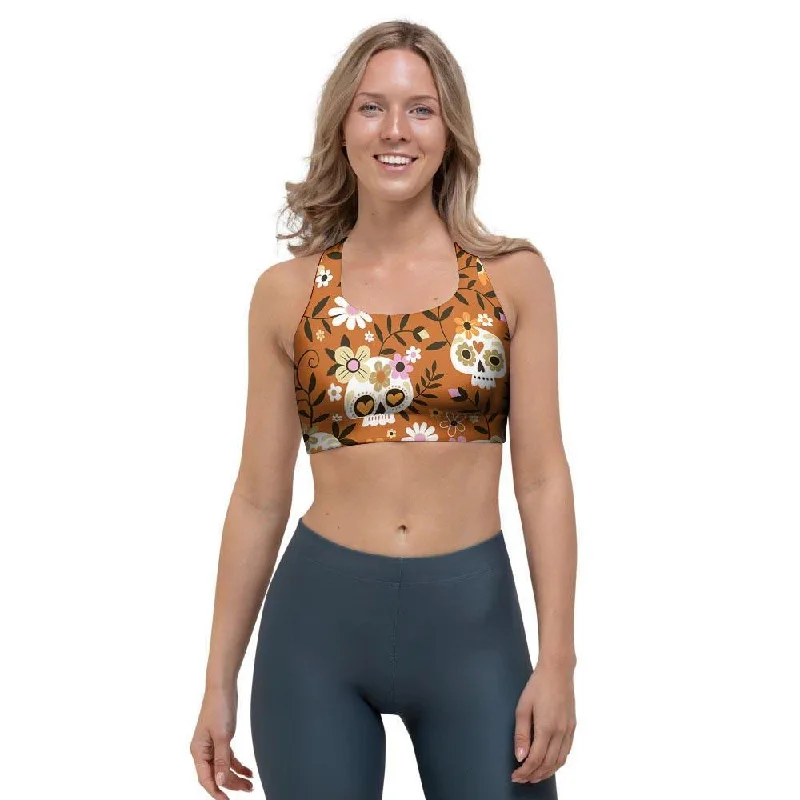 Yellow Sugar Skull Sports Bra