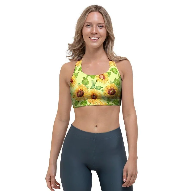 Yellow Sunflower Print Sports Bra