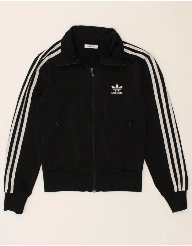 ADIDAS Womens Graphic Tracksuit Top Jacket EU 36 Small Black Polyester Collared Jacket Crew Neck Jacket Turtle Neck Jacket