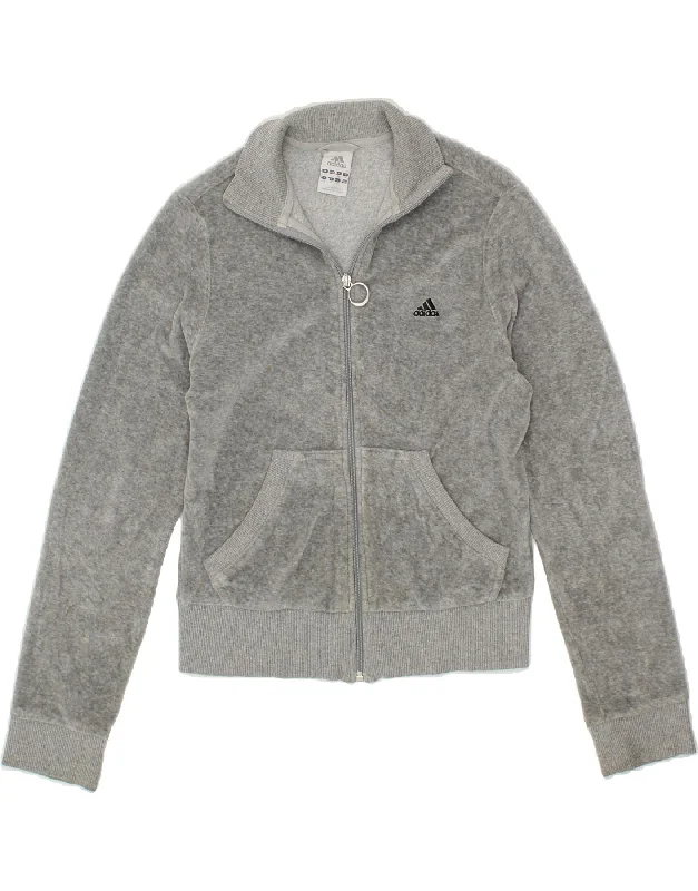 ADIDAS Womens Velour Tracksuit Top Jacket UK 12 Medium  Grey Cotton Welt Pockets Slit Pockets Flap Pockets