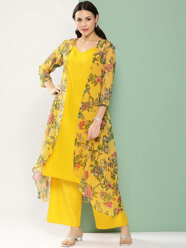 Mustard Floral Printed Jacket, Kurta With Palazzos. Wool Fabric Cashmere Fabric Tweed Fabric Mustard Floral Printed Jacket, Kurta With Palazzos. Wool Fabric Cashmere Fabric Tweed Fabric