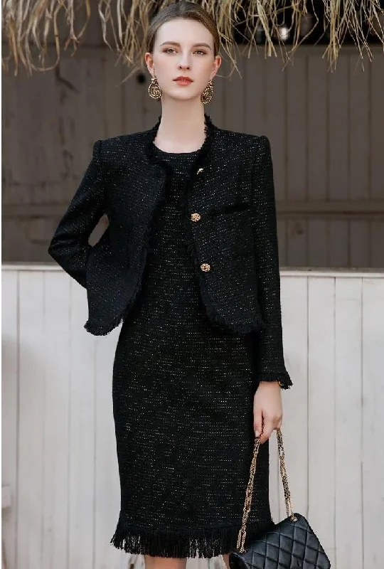 Black Tweed Button-up Jacket and Dress Set