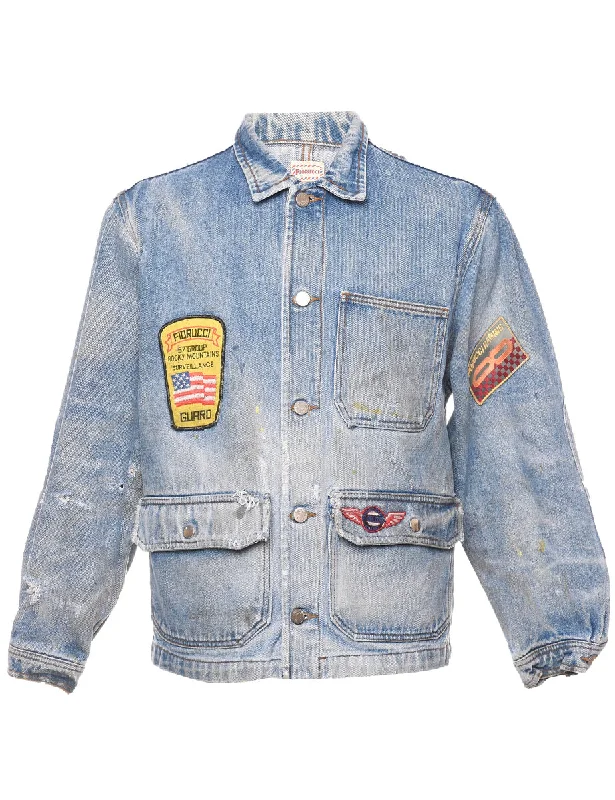 Fiorucci Button Front Vintage Denim Racing Jacket - M Notch Collar Peter Pan Collar Cowl Neck Fiorucci Button Front Vintage Denim Racing Jacket - M Notch Collar Peter Pan Collar Cowl Neck