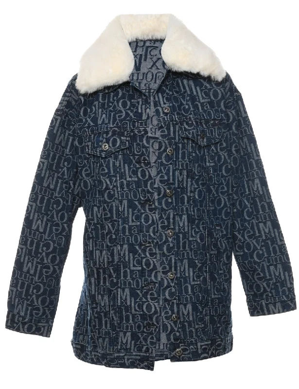 Faux Fur Collar Indigo Patterned Y2K Denim Jacket - L