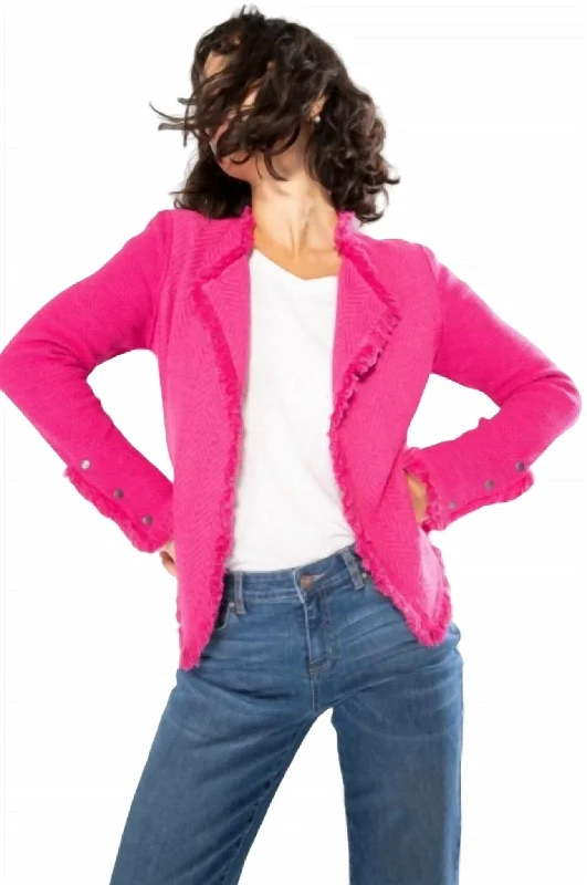 Fringe Mix Knit Jacket In Charged Pink