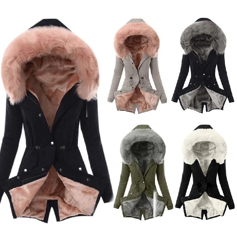 Ladies Fur Lining Coat Women Winter Warm Thick Long Jacket Hooded Overcoat Notch Collar Peter Pan Collar Cowl Neck Ladies Fur Lining Coat Women Winter Warm Thick Long Jacket Hooded Overcoat Notch Collar Peter Pan Collar Cowl Neck