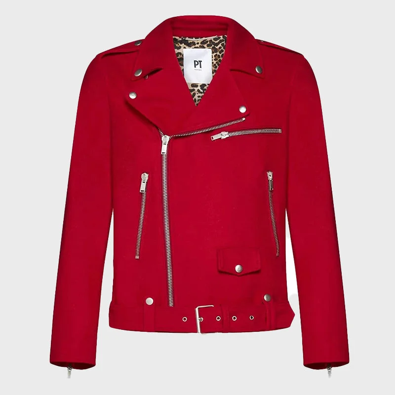Men's Wool-Blend Biker Leather Jacket Tiered Jacket Buttoned Jacket Zippered Jacket