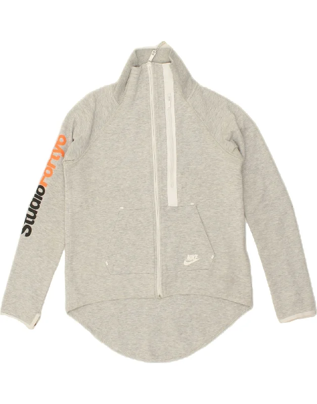 NIKE Womens Graphic Tracksuit Top Jacket UK 10 Small Grey Polyester A-Line Jacket Boat Neck Shawl Collar NIKE Womens Graphic Tracksuit Top Jacket UK 10 Small Grey Polyester A-Line Jacket Boat Neck Shawl Collar
