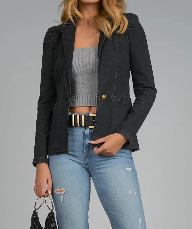 Puff Sleeve Blazer Jacket In Black Vintage Wash