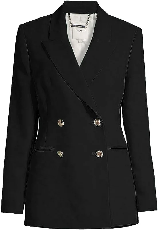 Ted Baker Women Solid Black Llayla Double Breasted Embossed Button Blazer Jacket