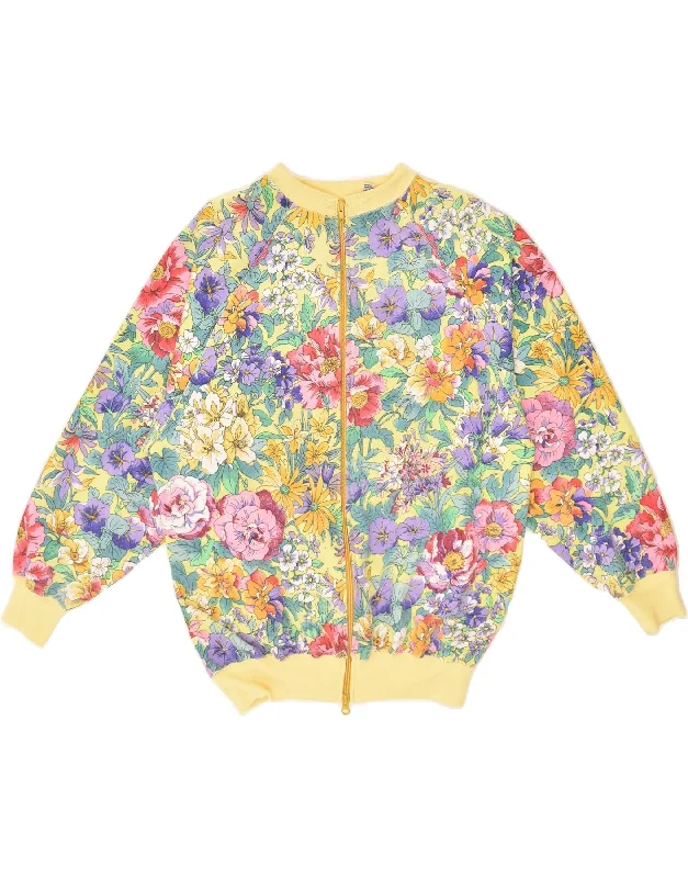 VINTAGE Womens Oversized Tracksuit Top Jacket UK 14 Medium Yellow Floral Welt Pockets Slit Pockets Flap Pockets VINTAGE Womens Oversized Tracksuit Top Jacket UK 14 Medium Yellow Floral Welt Pockets Slit Pockets Flap Pockets
