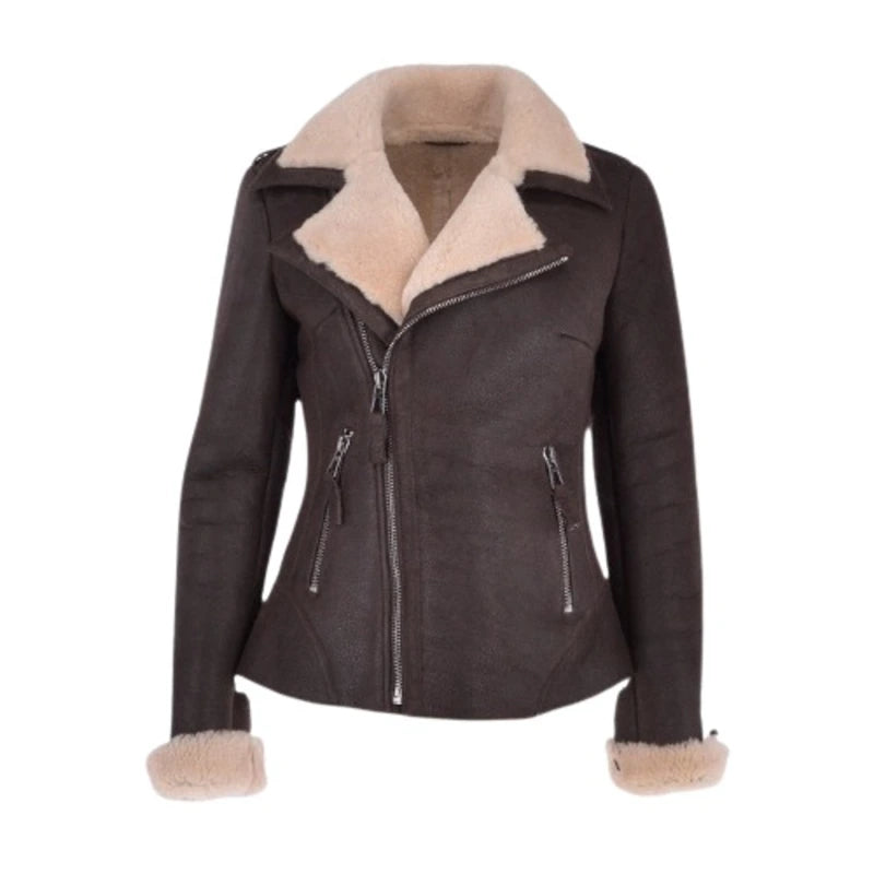 Women’s Aviator Shearling Brown Jacket Zippered Jacket Buttoned Jacket Snapped Jacket Women’s Aviator Shearling Brown Jacket Zippered Jacket Buttoned Jacket Snapped Jacket