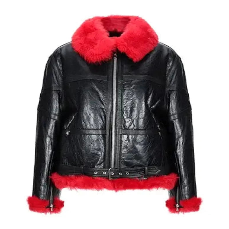 Women’s Red Aviator Shearling Jacket Toggled Jacket Drawstring Jacket Belted Jacket Women’s Red Aviator Shearling Jacket Toggled Jacket Drawstring Jacket Belted Jacket