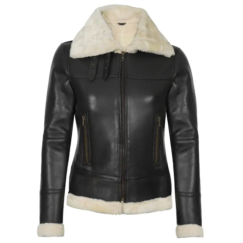 B3 Shearling Women's Black Leather Jacket Nylon Fabric Polyester Fabric Spandex Fabric